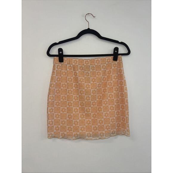 NWT Forever 21 Women's Skirt Orange Sz Lg Checkers smileys Boho Indie Spring Fun - Picture 4 of 5